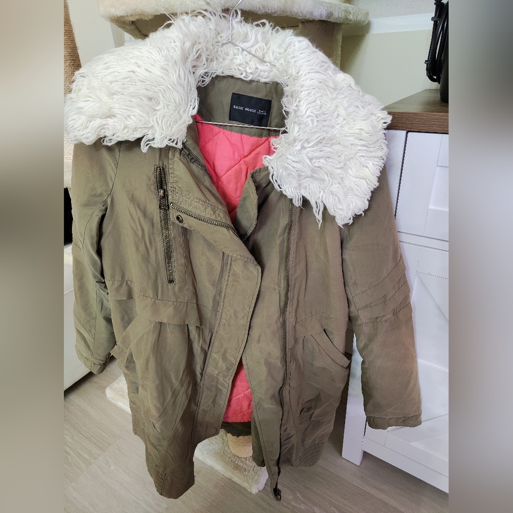 Basic House Olive Utility Jacket with Faux Fur Collar